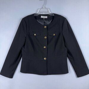 Kasper Blazer Coat Womens Size 12 Collarless Long Sleeves Button Front Black